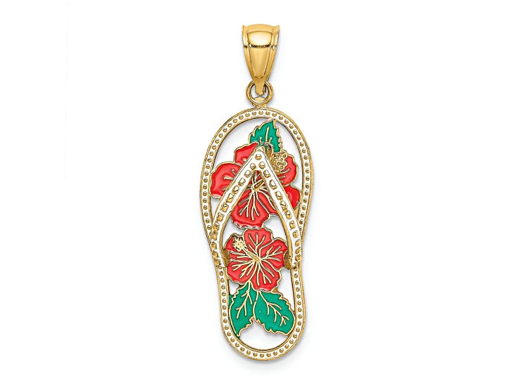 14k Yellow Gold Enamel Red Hibiscus Flower Flip-Flop Charm