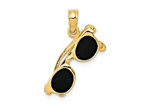 14K Yellow Gold 3D Black Enameled Moveable Sunglasses Pendant