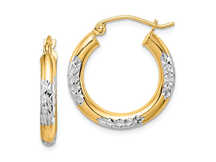 10k Yellow Gold and Rhodium Over 10k Yellow Gold Diamond-Cut 13/16" Hoop Earrings