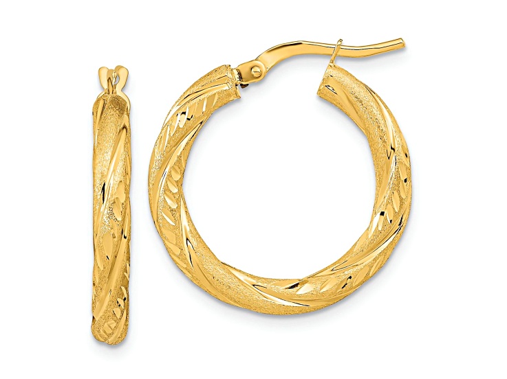 14k Yellow Gold Polished, Satin and Diamond-Cut 15/16" Hoop Earrings