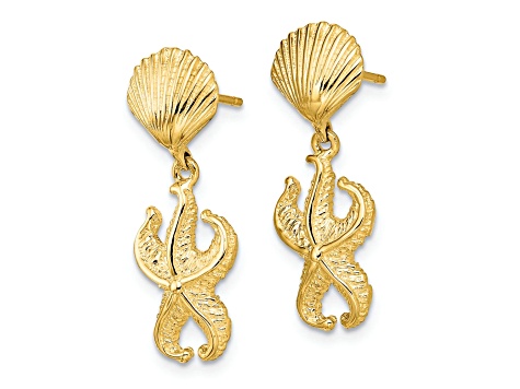 14k Yellow Gold Textured Shell and Starfish Dangle Earrings