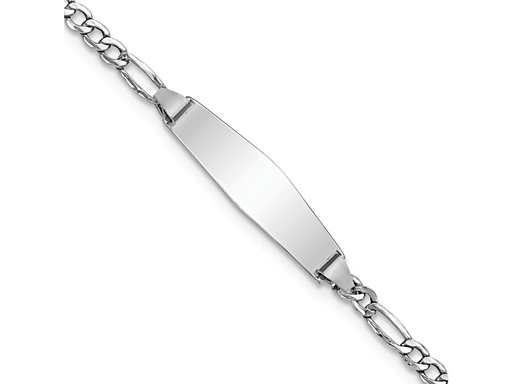 Rhodium Over 14k White Gold Semi-solid Soft Diamond Shape Figaro Link ID Bracelet
