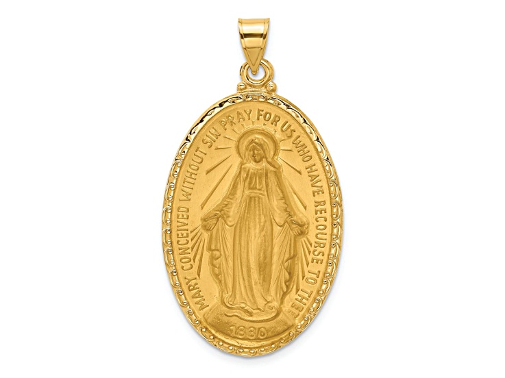 14k Yellow Gold Satin and Polished Miraculous Medal Oval Pendant