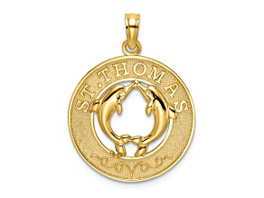 14k Yellow Gold Textured Saint Thomas with Dolphins Round Charm