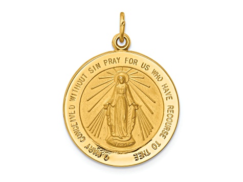 14K Yellow Gold Solid Polished and Satin Medium Round Miraculous Medal Pendant