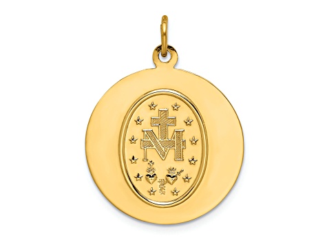 14K Yellow Gold Solid Polished and Satin Medium Round Miraculous Medal Pendant