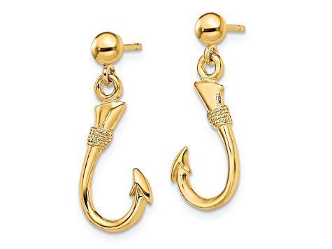 14K Yellow Gold 3D Fish Hook Dangle Earrings