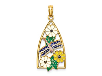 Picture of 14k Yellow Gold Enamel Dragonfly and Flowers Triangle Charm