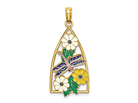 14k Yellow Gold Enamel Dragonfly and Flowers Triangle Charm