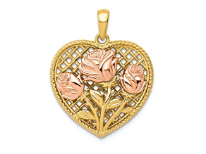 14k Two-tone Gold Polished and Textured Flowers in Heart Pendant