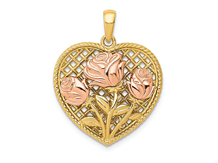 14k Two-tone Gold Polished and Textured Flowers in Heart Pendant