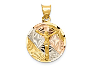 14K Yellow Gold with Rose and White Rhodium Diamond-cut Corpus Circle Pendant