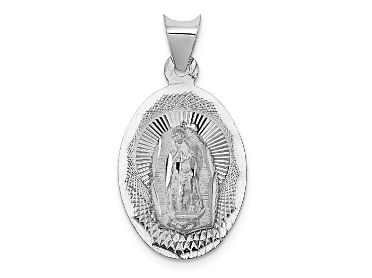Rhodium Over 14K White Gold Our Lady of Guadalupe Semi-solid Oval Pendant