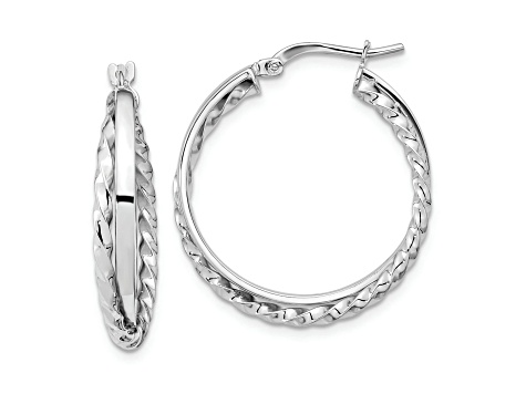 Rhodium Over 14k White Gold 1" Polished and Textured Hinged Hoop Earrings
