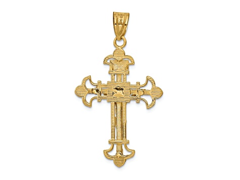 14k Yellow Gold Textured INRI Fleur De Lis Crucifix Pendant
