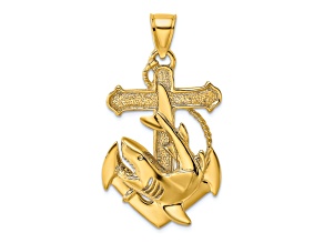 10K Yellow Gold 2D Textured Anchor with Shark Charm