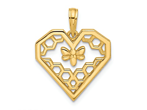 14k Yellow Gold Polished Fancy Heart and Bee Honeycomb Charm