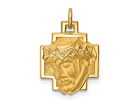 14K Yellow Gold Hollow Polished and Satin Small Jesus Cross Medal Pendant