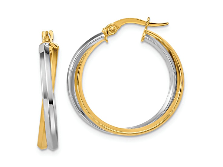 14K Two-tone Gold 7/8 inch Polished Twist Round Hoop Earrings