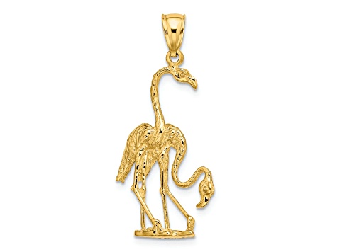14k Yellow Gold Solid 3D Polished and Textured Double Flamingo pendant