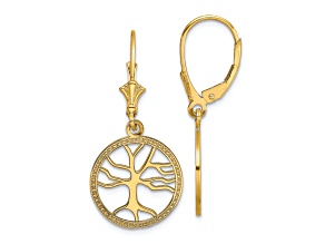 14k Yellow Gold Textured Tree of Life In Round Frame Dangle Earrings