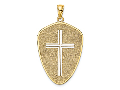 Rhodium Over 14K Two-tone Gold Cross Shield with Joshua 1:9 On Reverse Charm Pendant