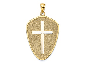 Rhodium Over 14K Two-tone Gold Cross Shield with Joshua 1:9 On Reverse Charm Pendant