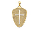 Rhodium Over 14K Two-tone Gold Cross Shield with Joshua 1:9 On Reverse Charm Pendant