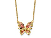 14K Yellow Gold Polished Diamond-cut with Pink Enamel Butterfly Necklace