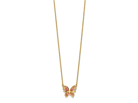 14K Yellow Gold Polished Diamond-cut with Pink Enamel Butterfly Necklace