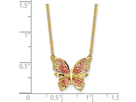 14K Yellow Gold Polished Diamond-cut with Pink Enamel Butterfly Necklace