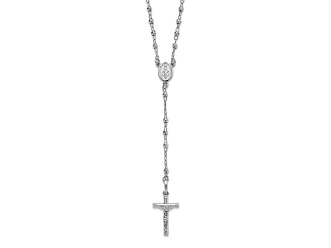 Rhodium Over 14K White Gold Polished Faceted Beads Rosary 18-inch Necklace