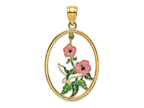 14k Yellow Gold with Multi-color Enamel Hummingbird and Flowers In Oval Frame Charm