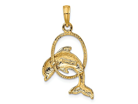 14k Yellow Gold Polished and Textured Dolphin Jumping Through Hoop Charm