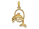 14k Yellow Gold Polished and Textured Dolphin Jumping Through Hoop Charm