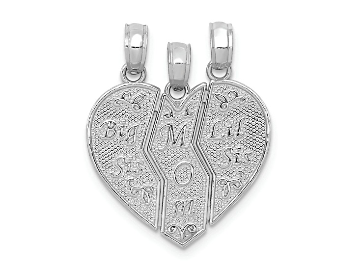 Rhodium Over 14k White Gold Textured Brushed 3 Pieces Big Sis-Mom-Lil Sis Break-apart Heart Charm