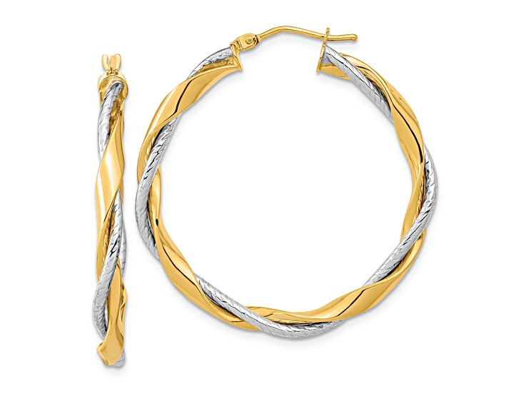 14k Yellow Gold and 14k White Gold 1 7/16" Polished Rope Twisted Hoop Earrings