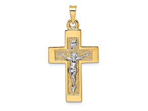 14k Yellow Gold and 14k White Gold Polished and Textured Solid INRI Crucifix Pendant