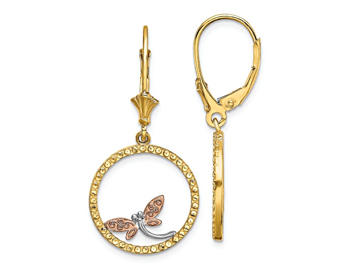 14K Two-tone and Rhodium Over 14K Rose Gold Diamond-Cut Dragonfly Dangle Earrings