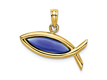 Picture of 14k Yellow Gold Horizontal Blue Enameled Ichthus Charm