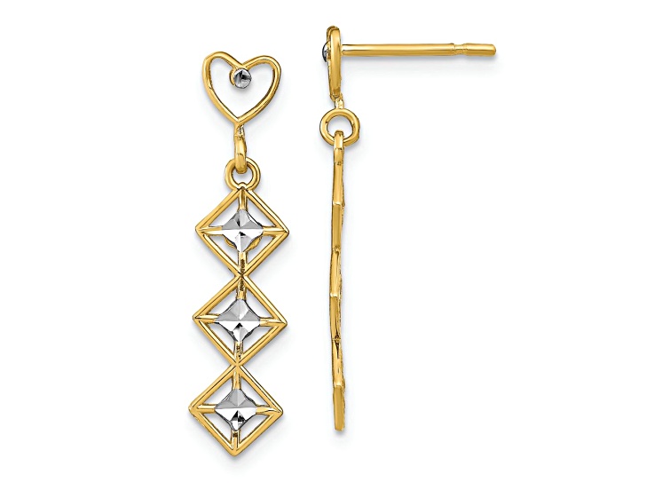 14k Yellow Gold and Rhodium Over 14k Yellow Gold Diamond-cut Heart and Diamond Shape Dangle Earrings
