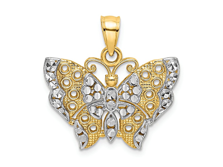 14K Two-tone Gold Diamond-Cut Cut-Out Wings Butterfly Pendant