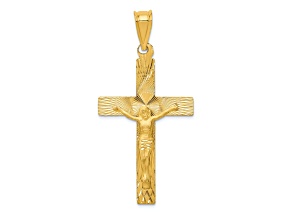 14k Yellow Gold Polished Satin and Diamond-Cut Crucifix Pendant