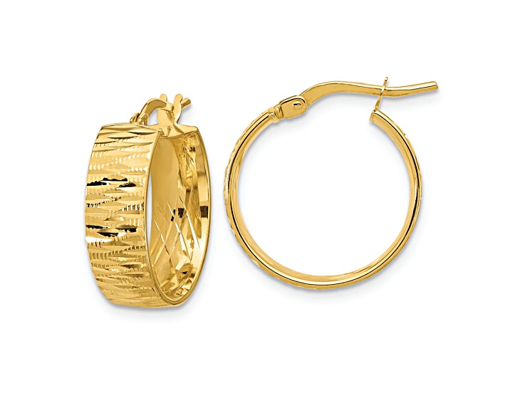 14k Yellow Gold 11/16 inch Polished and Diamond-Cut Round Hoop Earrings