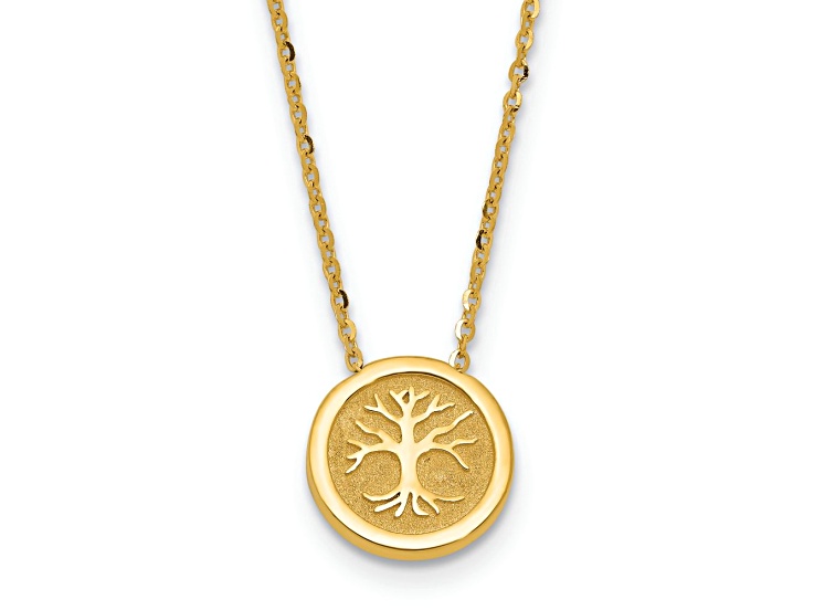 14K Yellow Gold Polished and Satin Tree of Life Pendant With 18 Inch Cable Chain