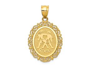 14k Yellow Gold Solid Satin, Polished and Textured Gemini Zodiac Oval Pendant
