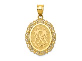 14k Yellow Gold Solid Satin, Polished and Textured Gemini Zodiac Oval Pendant