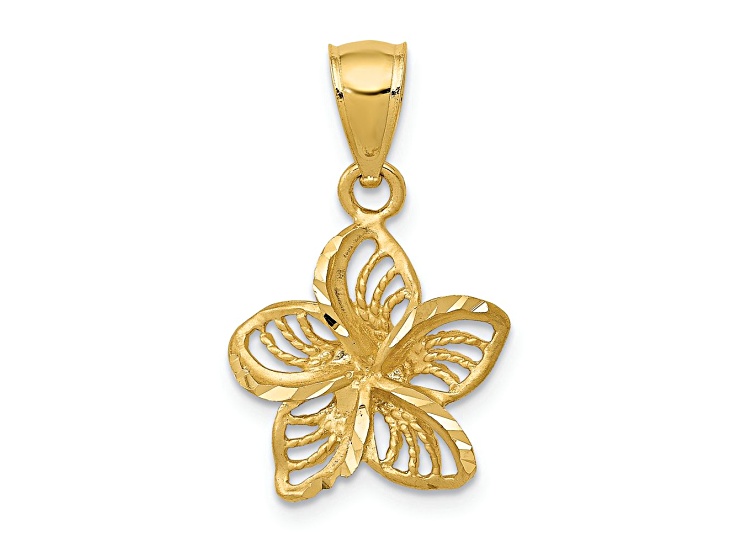 14k Yellow Gold Polished and Diamond-Cut Beaded Plumeria Flower Charm
