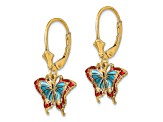 14k Yellow Gold Butterfly with Blue and Red Enameled Wings Dangle Earrings