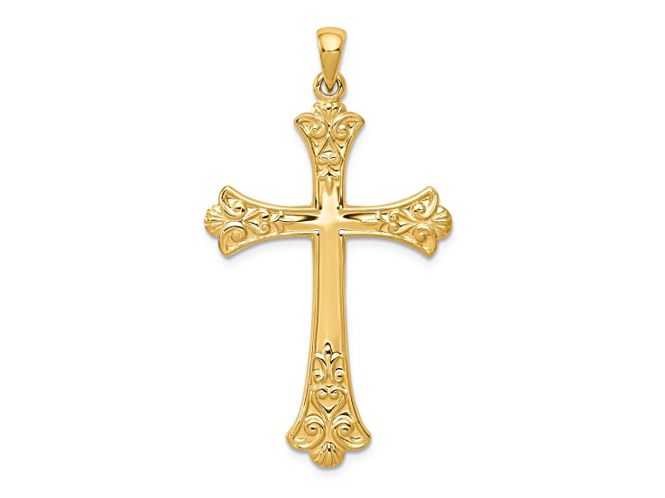 14k Yellow Gold Textured Fleur-De-Lis Cross Pendant